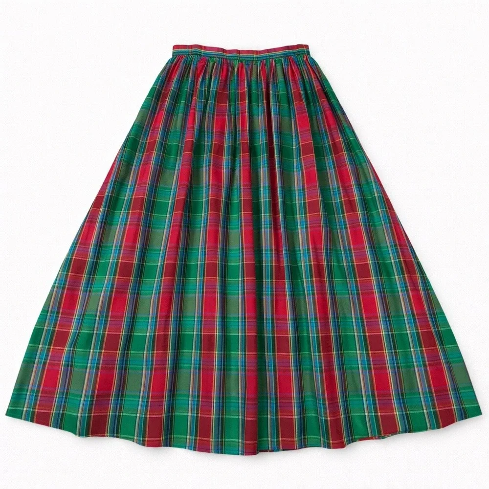 Vintage Taffeta Skirt Maxi Red Green Plaid Full‎ Length High Waisted Holiday